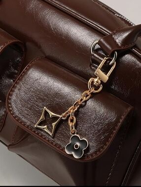 Gold-Tone Flower Lucky Clover Bag Charm Keychain with Black Accent